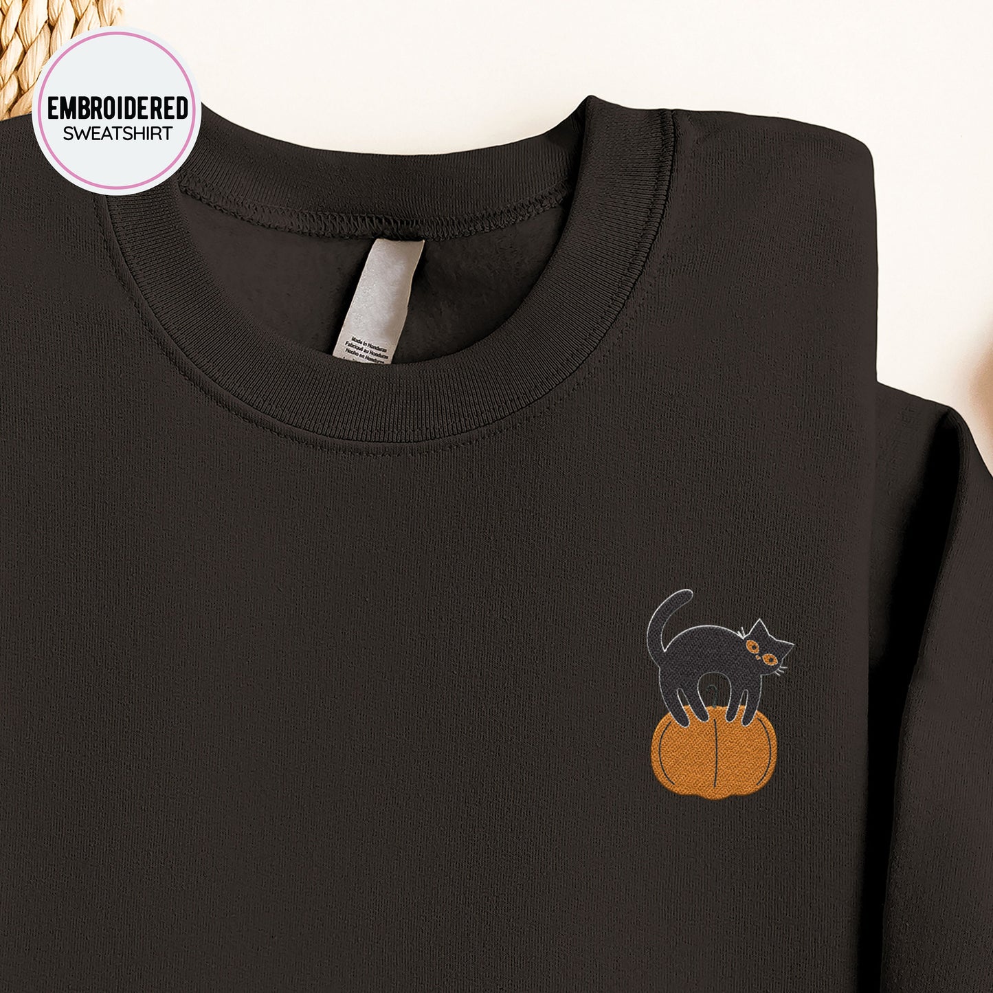 Cat with Pumpkin Embroidery Sweatshirt