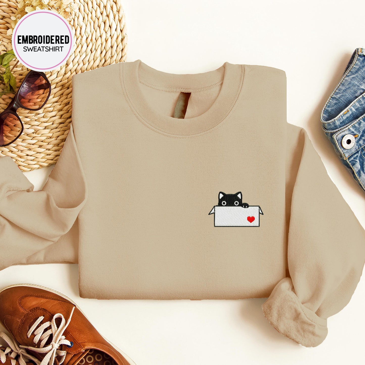 Black Cat in a Box Embroidery Sweatshirt