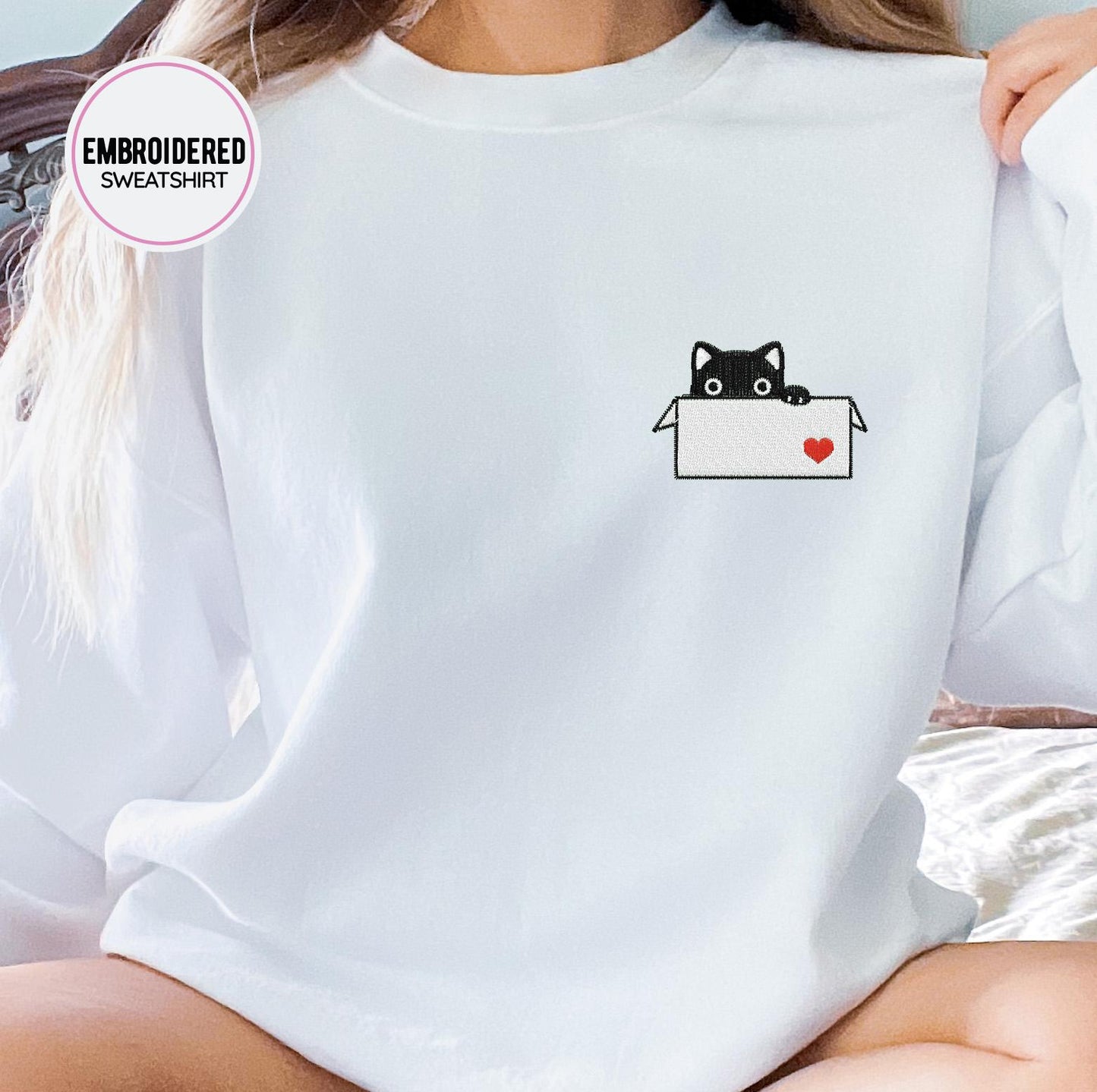 Black Cat in a Box Embroidery Sweatshirt