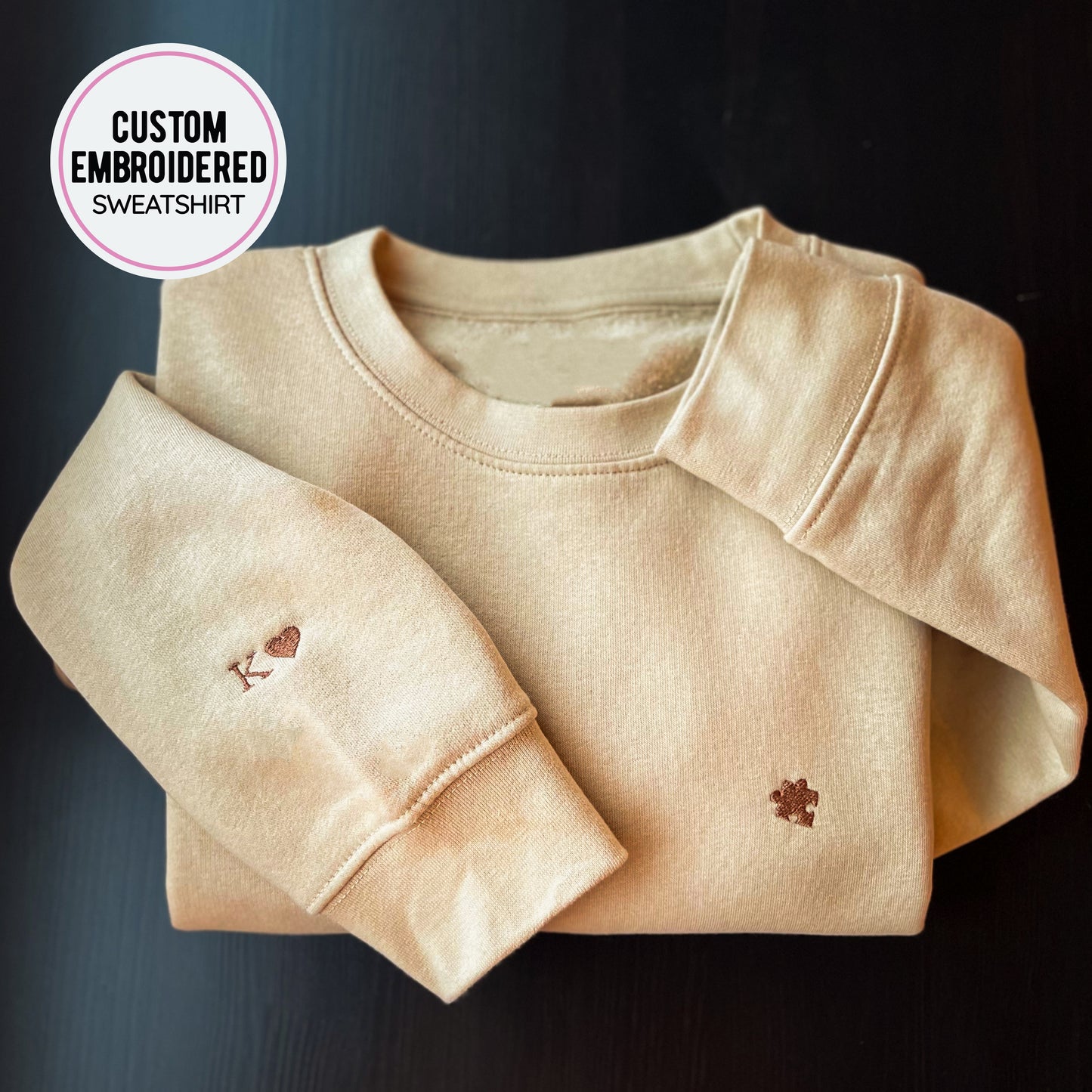 Matching Puzzle Heart Crewneck with Embroidered Letter on the Sleeve