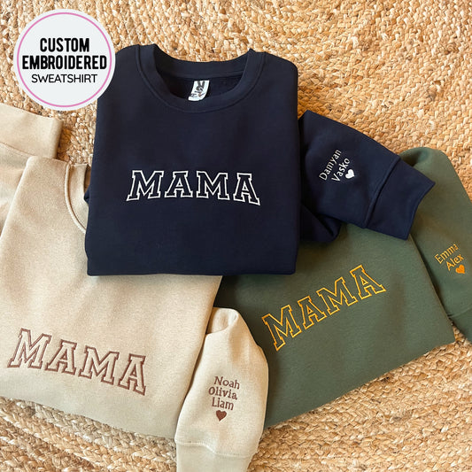 Custom MAMA Hoodie with Kids Names on Sleeve, Mother's Day Embroidery Gift, Personalized MAMA Crewneck, MOM Sweater with children names