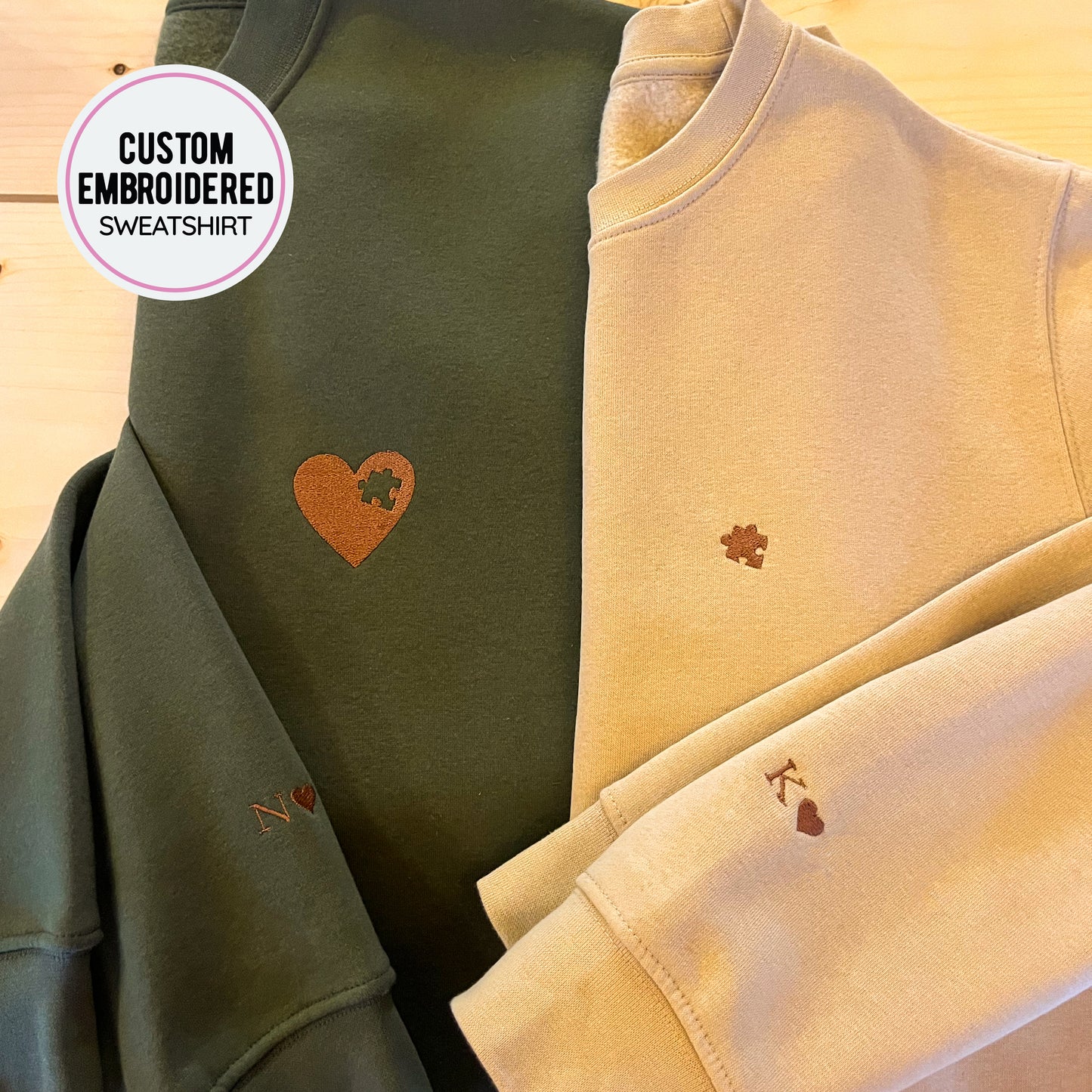 Matching Puzzle Heart Crewneck with Embroidered Letter on the Sleeve
