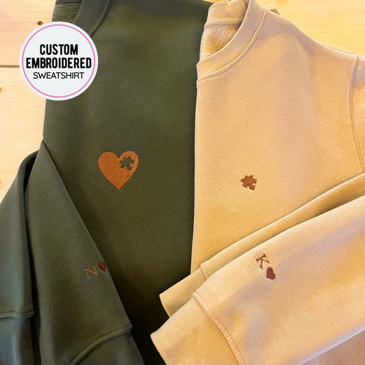 Matching Puzzle Heart Crewneck with Embroidered Letter on the Sleeve
