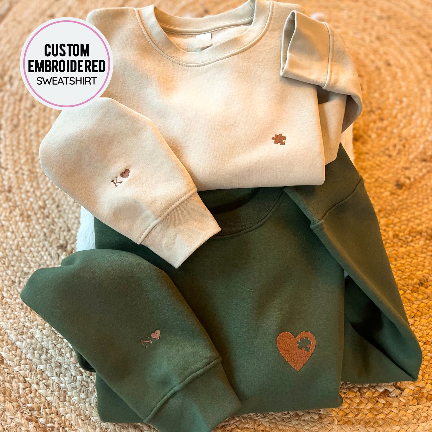 Matching Puzzle Heart Crewneck with Embroidered Letter on the Sleeve
