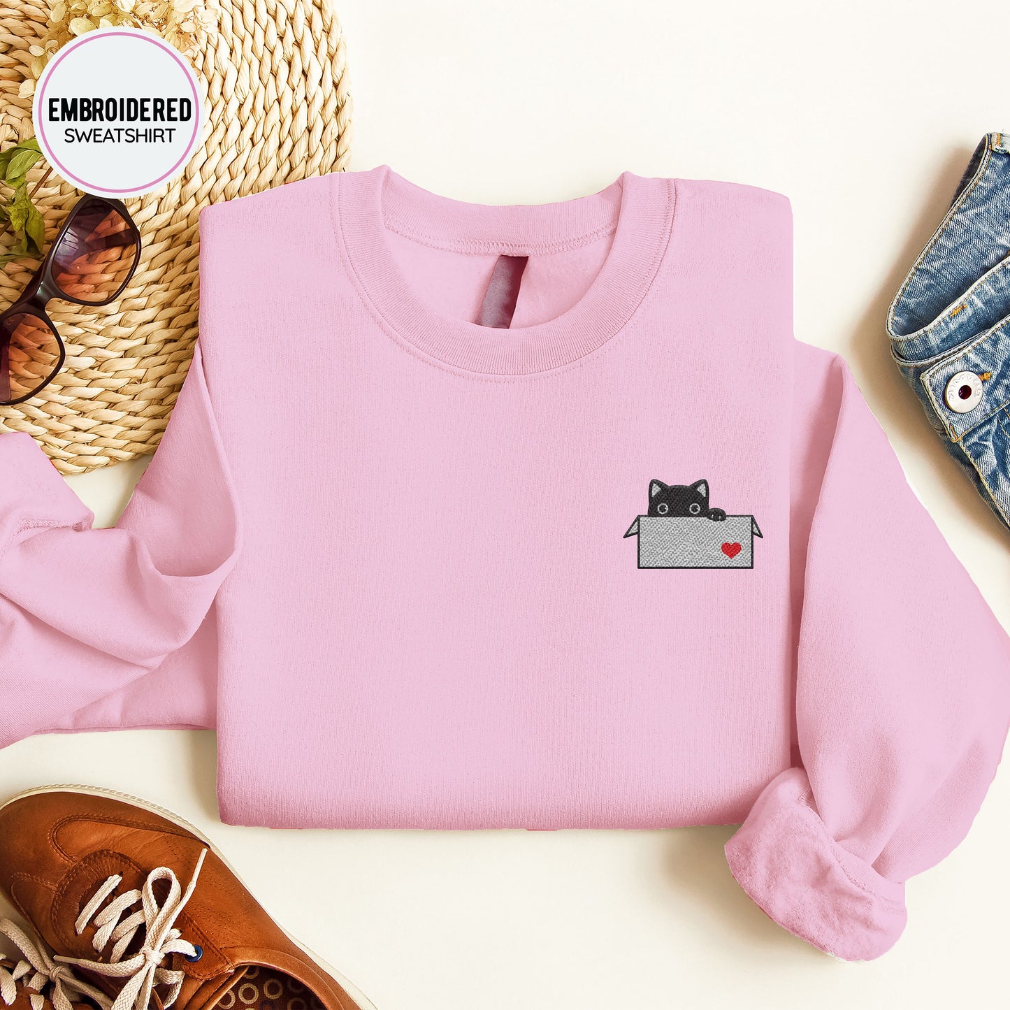 Black Cat in a Box Embroidery Sweatshirt