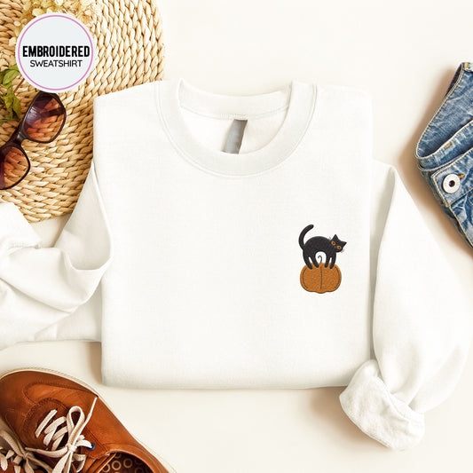 Cat with Pumpkin Embroidery Sweatshirt