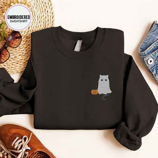 Ghost Cat Embroidery Sweatshirt