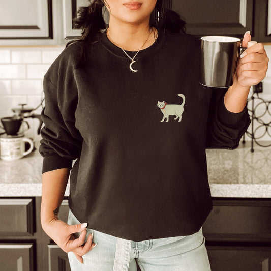 Beige Cat Scarf Embroidery Sweatshirt