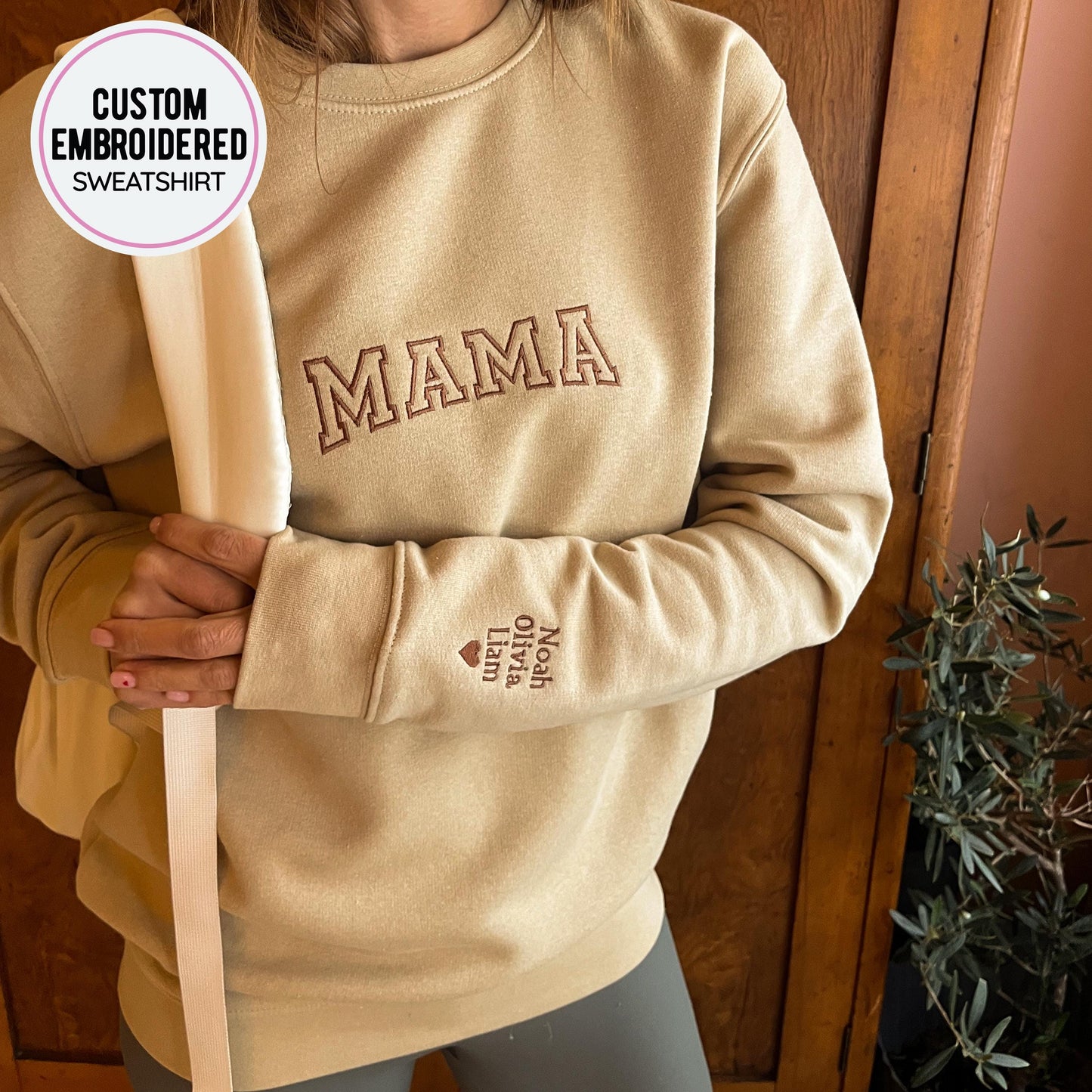 Custom MAMA Hoodie with Kids Names on Sleeve, Mother's Day Embroidery Gift, Personalized MAMA Crewneck, MOM Sweater with children names